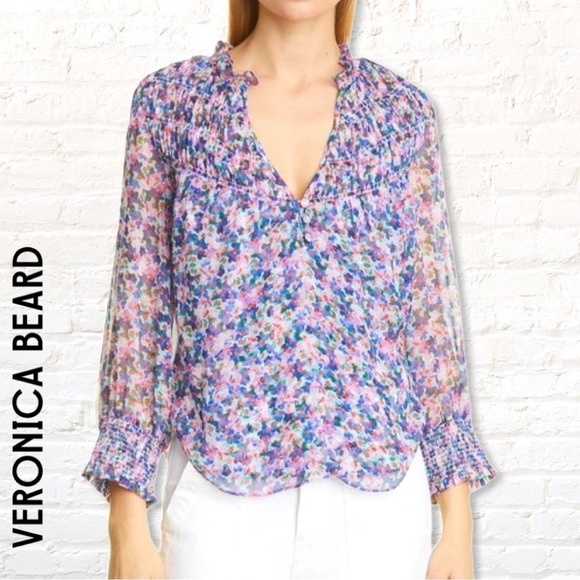 Veronica Beard Merti Flora Silk-chiffon Blouse In Blue Size 2 Ruffled Neck - Picture 1 of 14